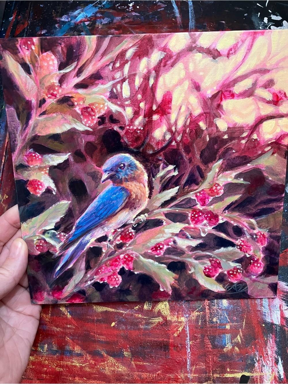 ORIGINAL blue bird raspberry painting robin fruit art nature still life artwork